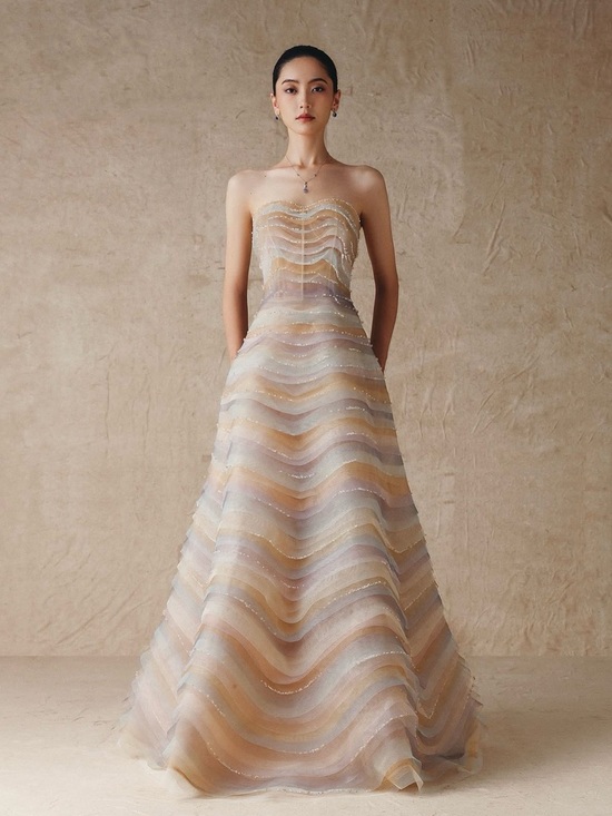 Phan Huy Dresses & Skirts - Strapless A-line Pastel Wave-Effect Evening Gown